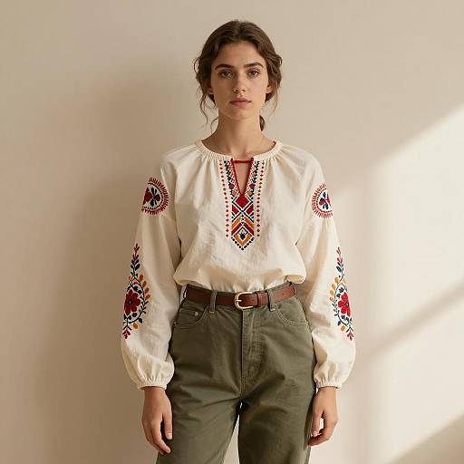Woman Wearing Embroidered Blouse and Olive Green Pants