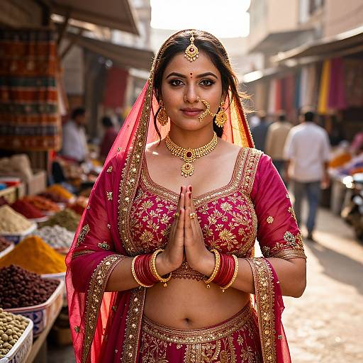 Photograph of an Indian woman in a red and gold traditional lehenga, standing in a bustling market with hands in prayer pose, adorned with intricate jewelry