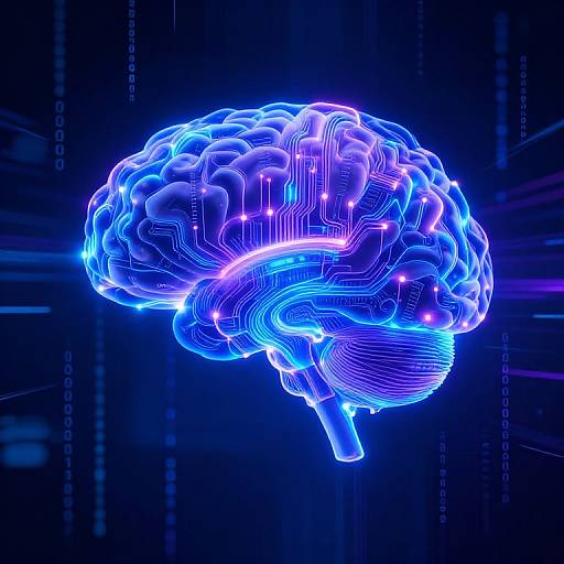 Digital illustration of a glowing, neon blue and purple human brain with intricate circuitry lines, set against a dark, futuristic background with vertical digital text.