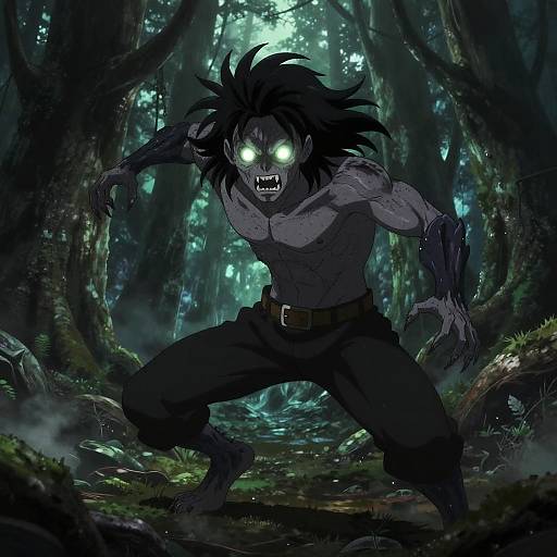 Digital anime-style drawing of a fierce, muscular, topless werewolf with glowing white eyes and black hair, crouching in a dark, mist