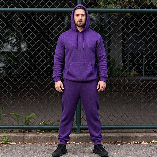 Photograph of a bearded man in a purple hoodie and matching pants, standing in front of a dark chain-link fence.