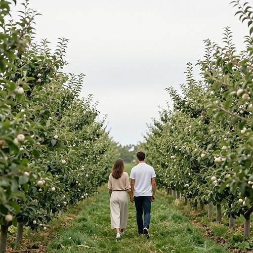 Couple Walking in Serene Apple Orchard