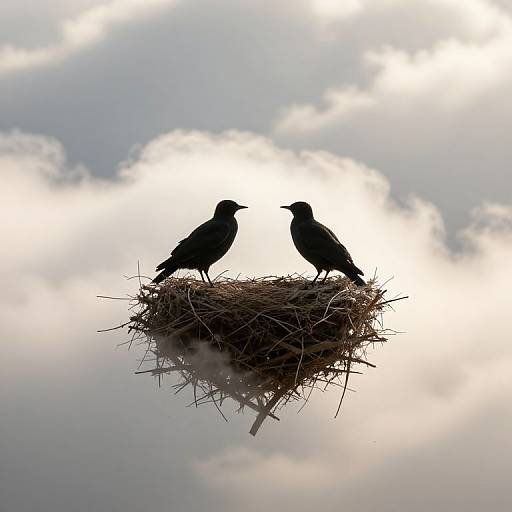 Photograph of two black birds silhouetted against a bright sky, perched in a detailed, woven nest with fluffy clouds behind.