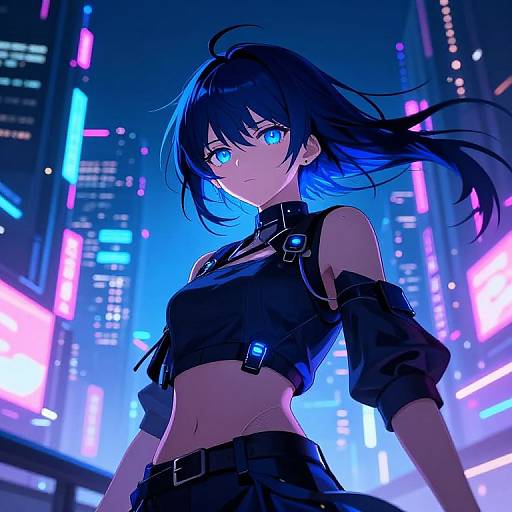 Digital anime-style artwork of a blue-eyed, black-haired woman in a neon-lit city, wearing a black crop top and arm bands, with vibrant
