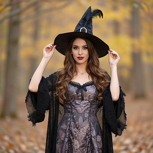 Photograph of a woman with long brown hair, wearing a black witch hat with a feather, lace black dress, and black shawl, standing in