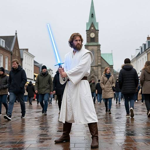 Photograph of a bearded man with curly hair, dressed in a white Jedi robe and brown boots, holding a glowing blue lightsaber, standing in