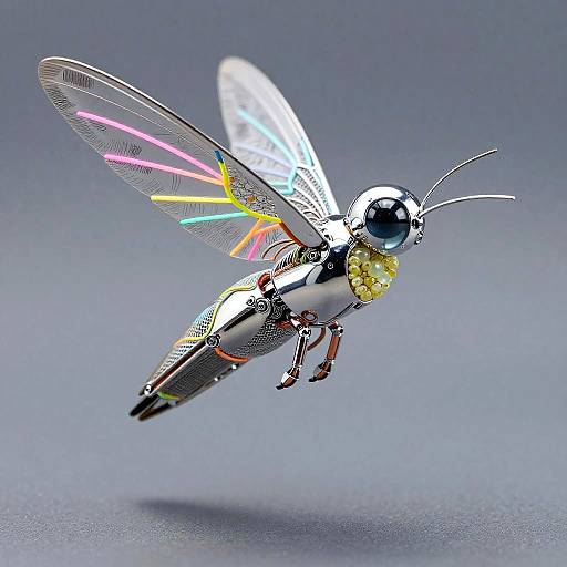 Digital art of a futuristic, metallic dragonfly with colorful neon lights on wings, hovering against a gradient gray background.
