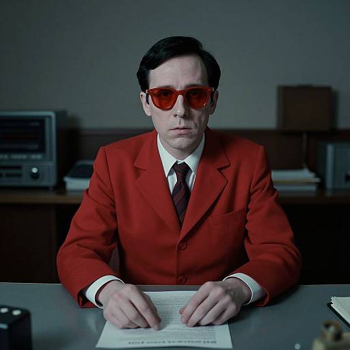 Photograph of a serious man in a bright red suit, white shirt, and red tie, wearing red sunglasses, writing at a desk in a dim