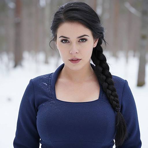 Photograph of a pale-skinned woman with dark hair in a long braid, wearing a dark blue, long-sleeved top, standing in