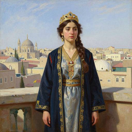 Digital painting of a young woman with dark hair, wearing a gold crown, blue and gold robe, and silver dress, standing on a rooftop with a