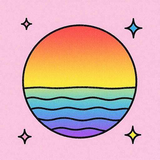 Playful Hand-Drawn Retro Neon Sunset Badge