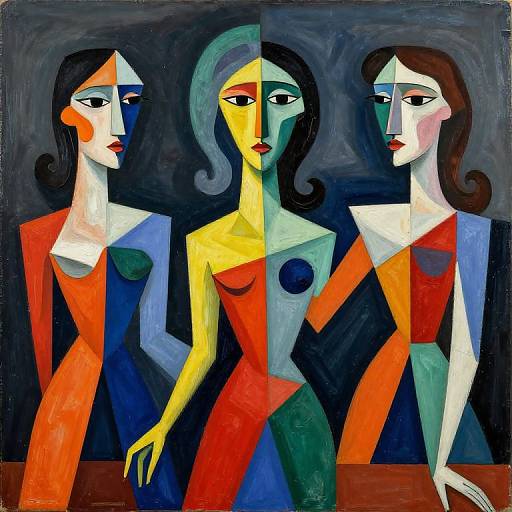 Bold, abstract painting of three stylized women with geometric faces, colorful dresses, and split-color backgrounds, standing closely together.