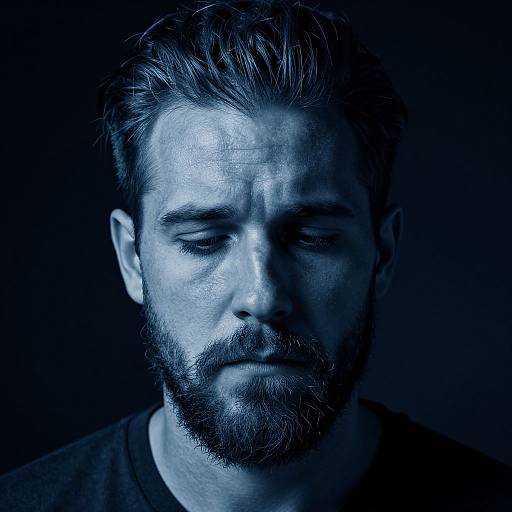 Blue-lit photograph of a bearded man with closed eyes, short dark hair, and serious expression, against a dark background.