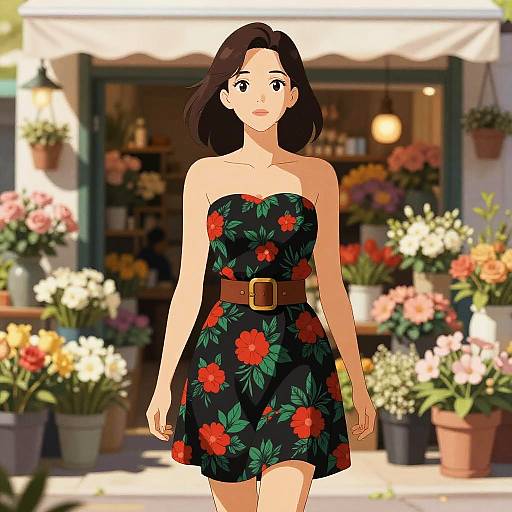 Digital anime-style drawing of a cute woman with brown hair, wearing a strapless black floral dress and brown belt, walking through a vibrant flower shop.