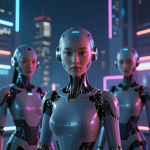 CGI image of three sleek, futuristic female androids with glowing blue and pink neon lights in a high-tech, cyberpunk cityscape.