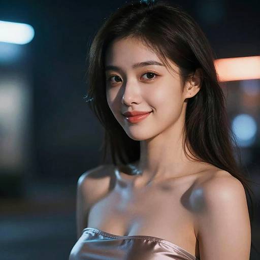 Photograph of an Asian woman with long black hair, smiling softly, wearing a strapless metallic top, illuminated by dim, colorful lights in a nighttime