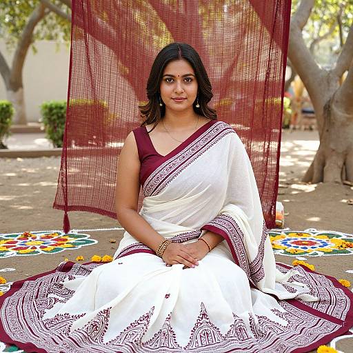 Photograph of a smiling Indian woman with dark hair, wearing a white and maroon saree, seated on a colorful mandala-patterned mat,