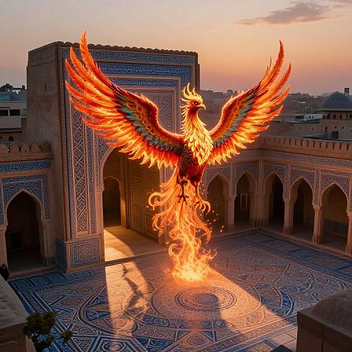 Photograph of a vividly fiery phoenix with outstretched wings, mid-flight, above a sunlit, ornately tiled, blue and white Persian