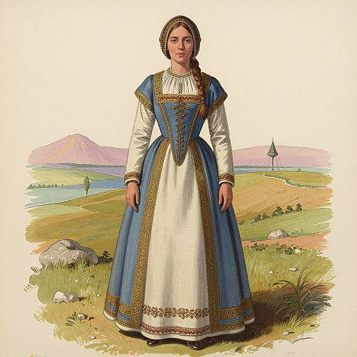 Digital illustration of a young woman in a blue and white Renaissance-style dress with gold trim, standing in a grassy, mountainous landscape.