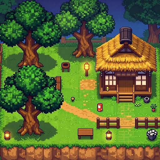 Pixel art of a cozy, thatched-roof cottage surrounded by lush green grass, large trees, and wooden furniture under a nighttime sky.