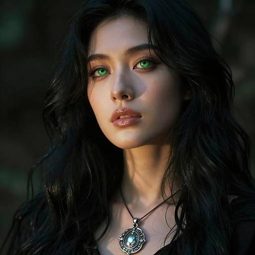 Photorealistic digital portrait of a young woman with long black hair, glowing green eyes, shiny lips, wearing a silver pendant, against a dark blurred