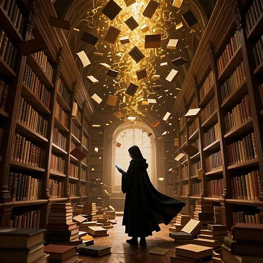 Digital artwork of a silhouetted wizard in a flowing cloak, standing in a grand, dimly lit library with books flying and glowing golden flames