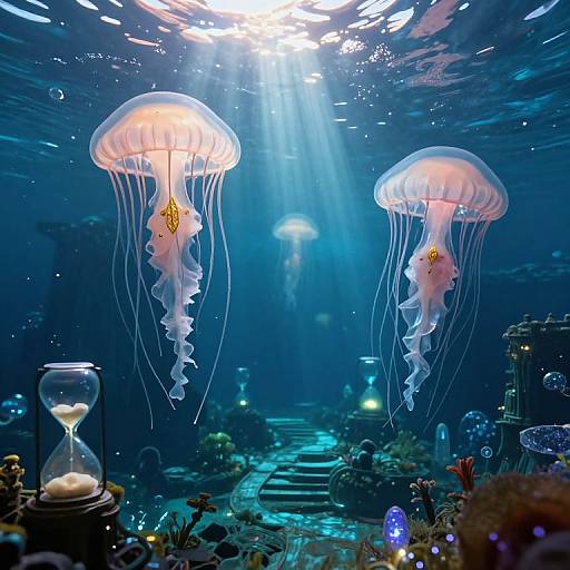 Photograph of two glowing jellyfish with translucent white bodies and pinkish light centers, floating in a vibrant underwater scene with sunlight rays, coral, bubbles