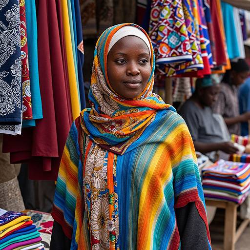Photograph of a Black woman wearing a colorful, striped hijab and shawl, standing in a vibrant market with diverse, patterned fabrics in the