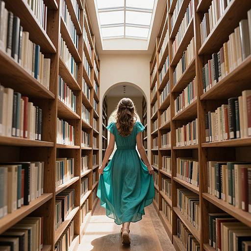 Photograph of a woman with wavy brown hair in a teal dress, walking down a sunlit library aisle between wooden bookshelves.