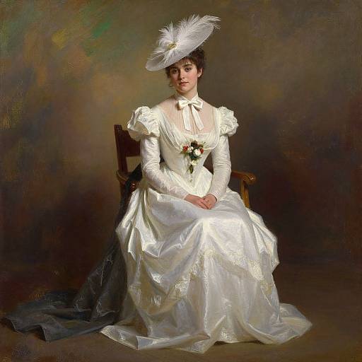 Victorian-style painting of a woman in a white satin gown, black hair, feathered hat, seated on a wooden chair, dark background.