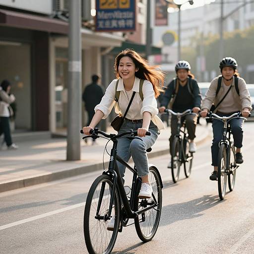 Photograph of a smiling Asian woman with long brown hair riding a black bicycle on a sunny urban street, followed by two men in helmets. Background includes