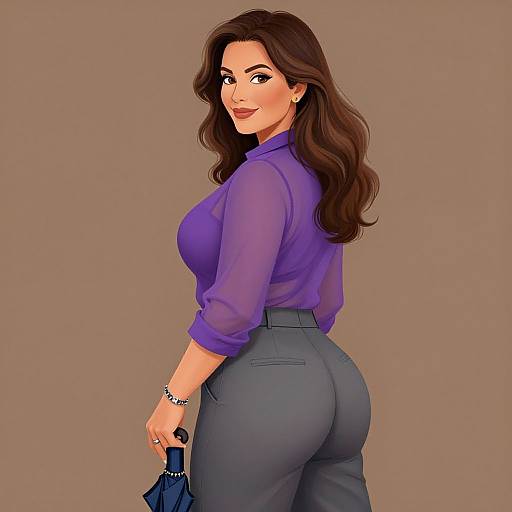 Digital illustration of a confident woman with long brown hair, wearing a purple blouse and gray pants, looking over her shoulder. She holds a blue handbag