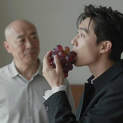 Young Man Eating Red Grapes Indoors