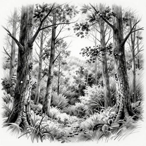 Black-and-white digital drawing of a dense forest with tall trees, intricate foliage, and detailed grasses, creating a textured, ethereal atmosphere.