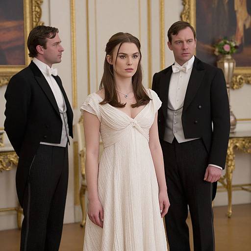 Photograph of a serious brunette woman in a white dress standing between two men in black tuxedos in an ornate room.