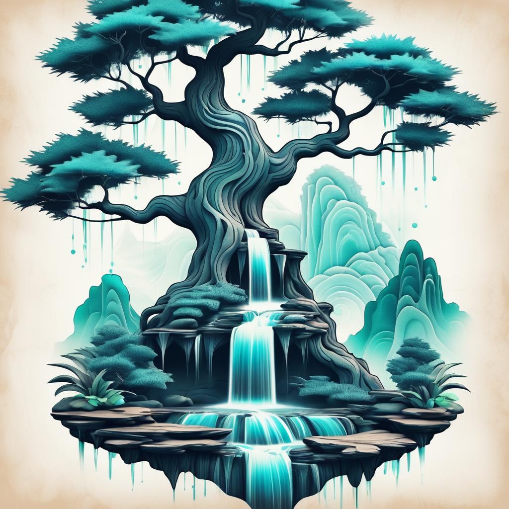 Vintage Tattoo of Ancient Tree and Waterfall