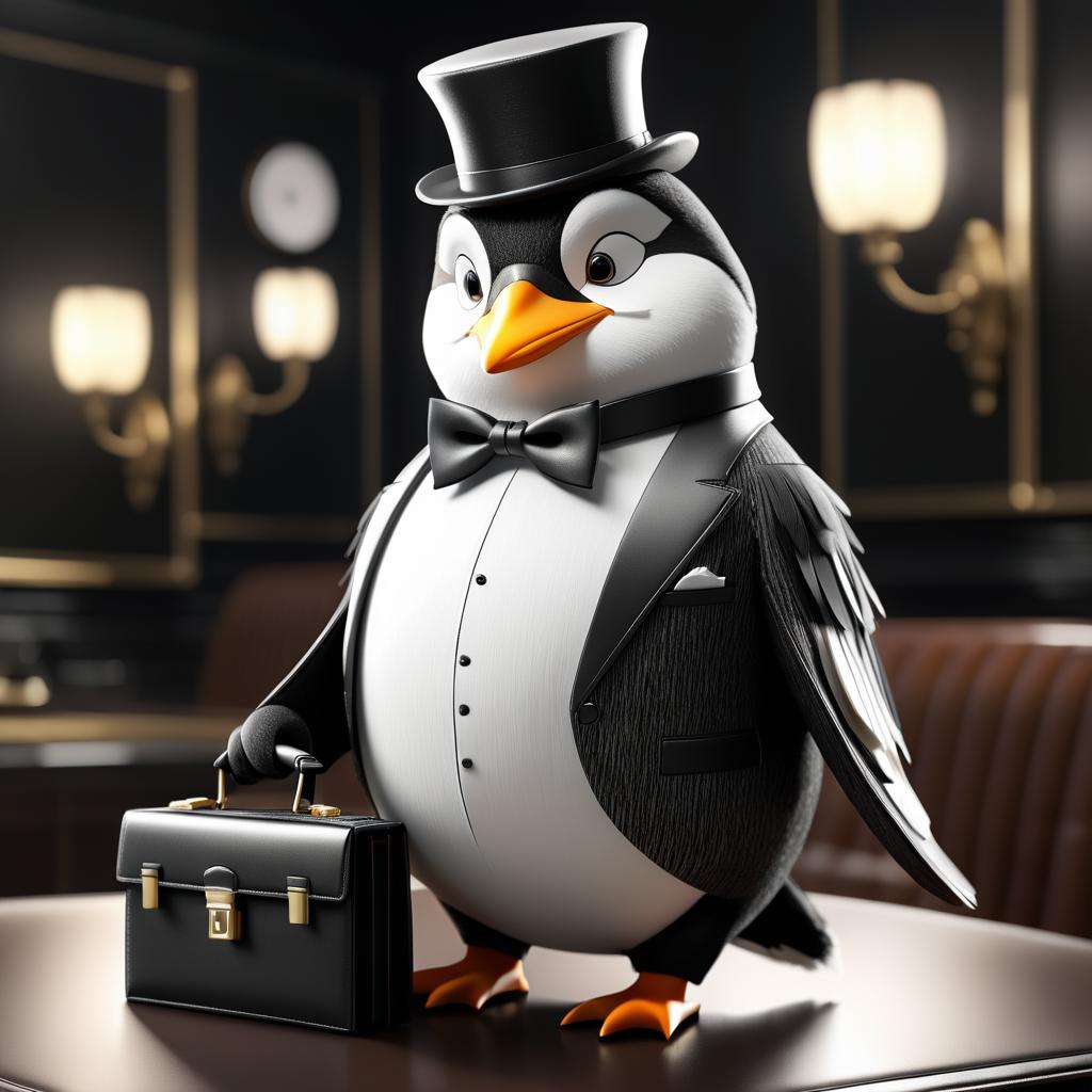 Dapper Penguin with Bow Tie and Briefcase