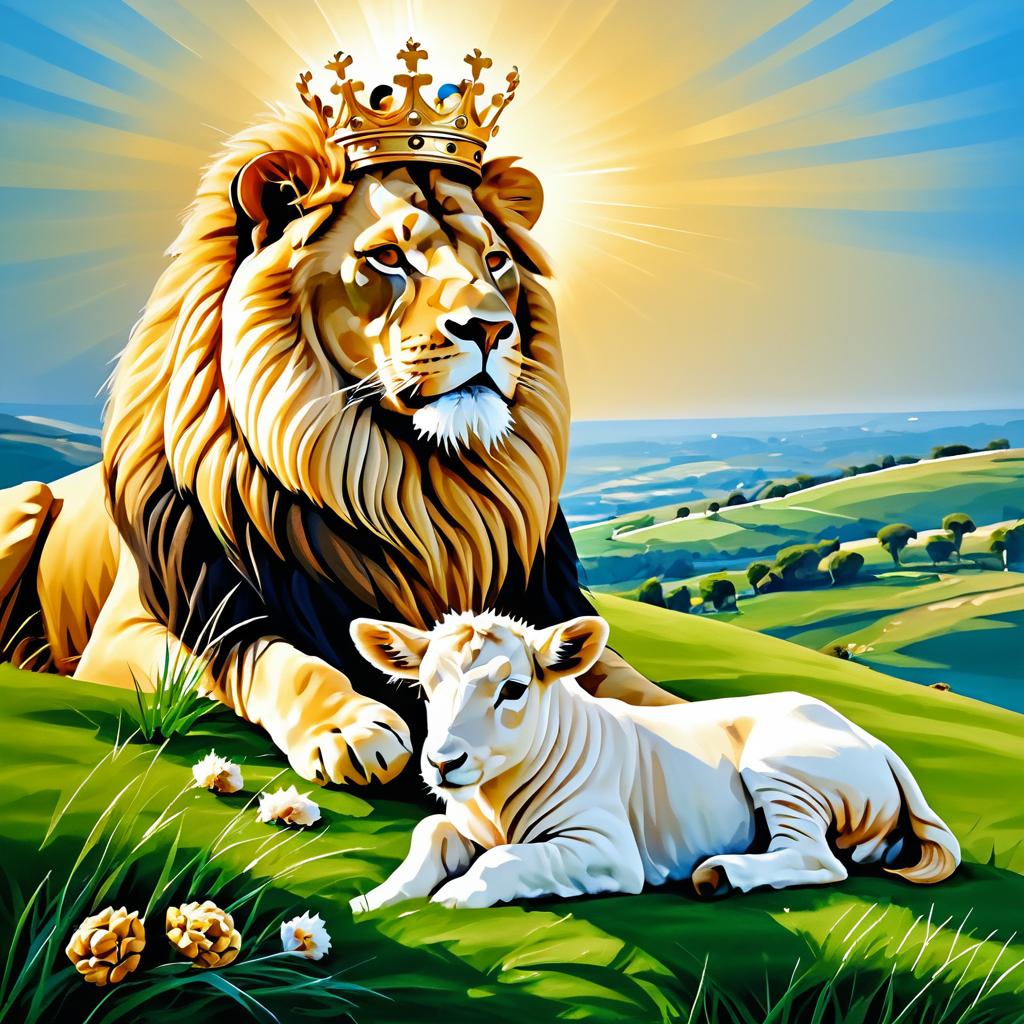 Serene Lion and Lamb Oil Painting