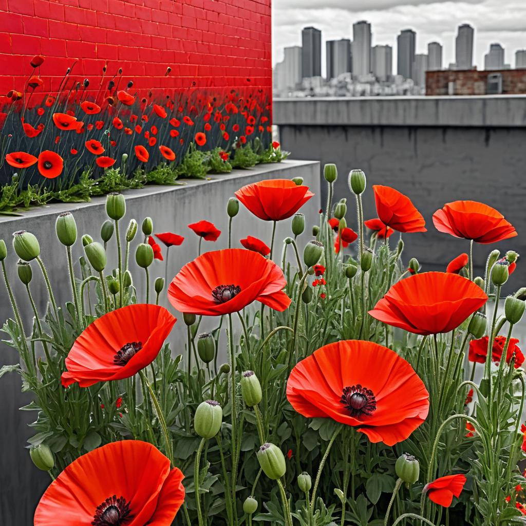 Urban Rooftop Poppies in Street Art Style