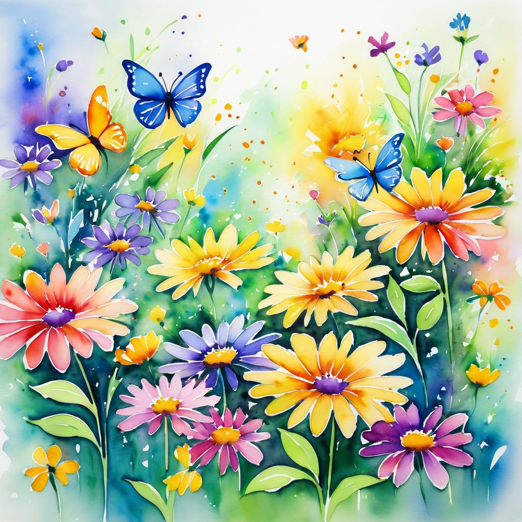 Vibrant Watercolor Flower Garden with Butterflies