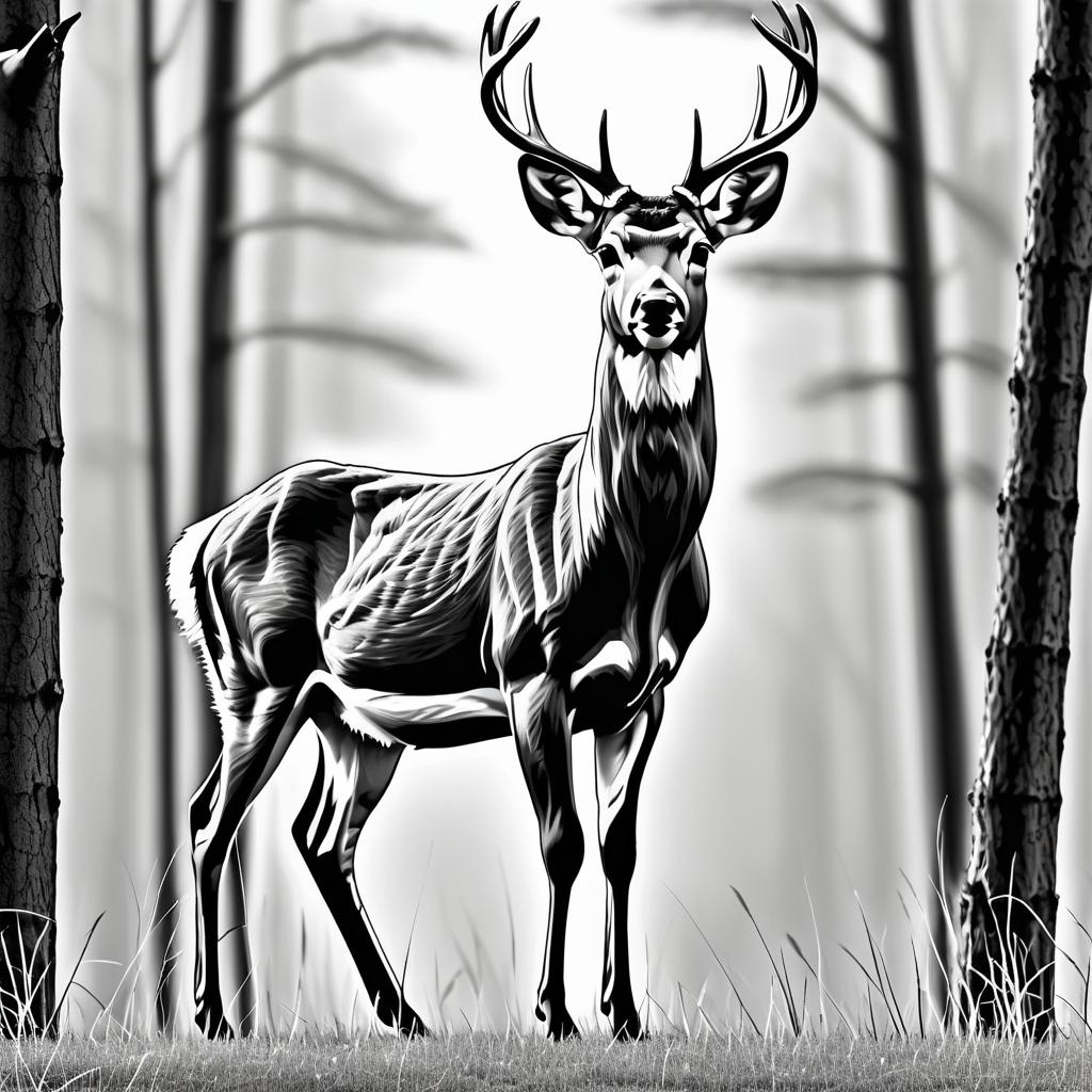 Cautious Brown Deer in Line Art