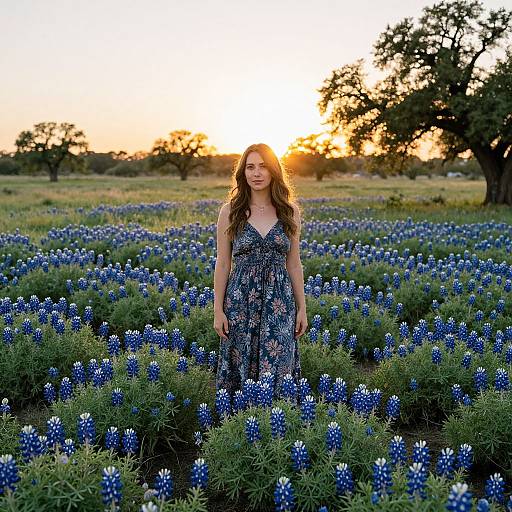 Photograph of a smiling woman with long brown hair in a blue floral dress standing in a sunlit field of blue and white flowers at sunset.