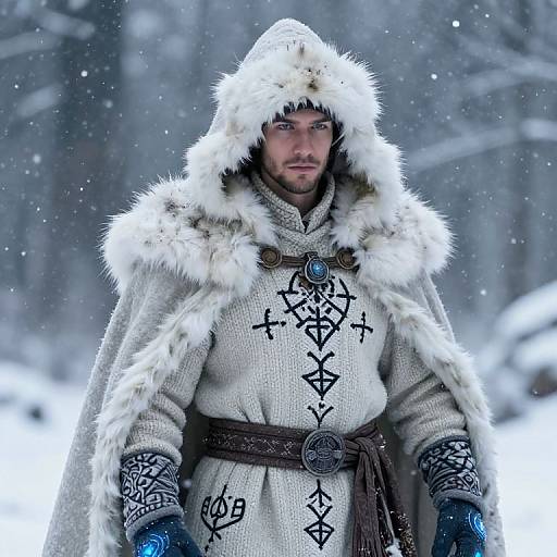 Photograph of a rugged man in a fur-lined, white woolen cloak with intricate black embroidery, standing in a snowy forest.