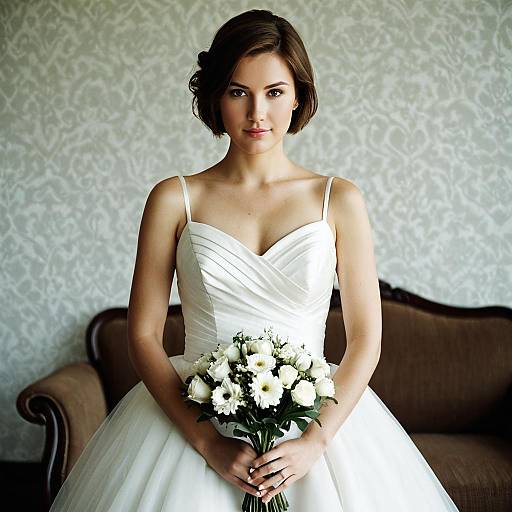 Bride in White Wedding Dress Holding Bouquet