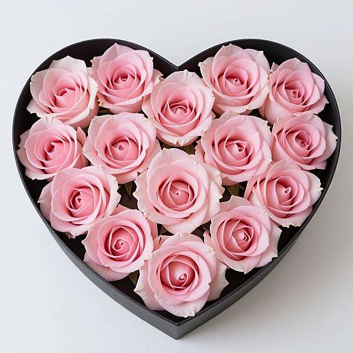 Photograph of a black heart-shaped box filled with 15 pink roses, each bloom with delicate, layered petals. White background.