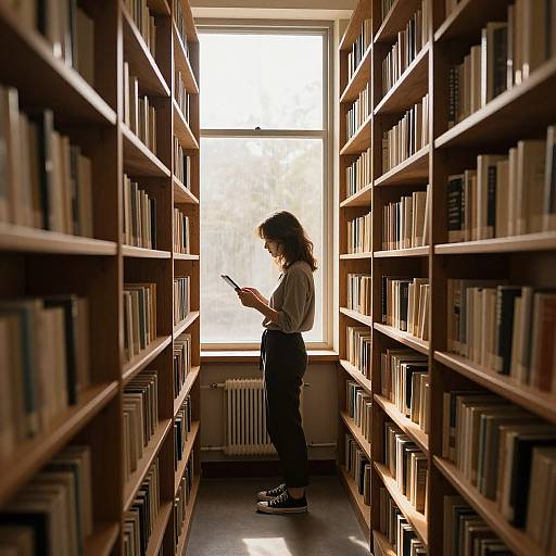 Photograph of a woman with brown hair, wearing a white shirt and black pants, standing in a sunlit library aisle, reading a book. Tall