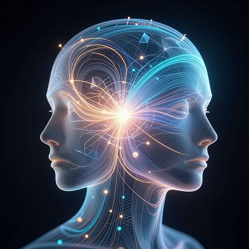 Digital artwork of a transparent blue and white human head silhouette with glowing neural lines and light bursts in the brain, set against a black background.