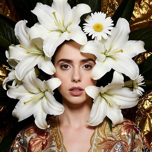 Photograph of a fair-skinned woman with dark hair, wearing a crown of white lilies and daisies, in an ornate gold-pattern