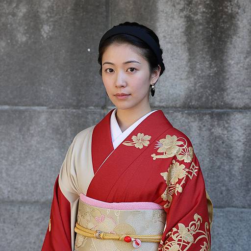 Woman in Traditional Red and Beige Kimono