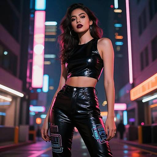 Photograph of a confident woman with long dark hair, wearing a shiny black latex crop top and high-waisted pants, standing in a neon-l